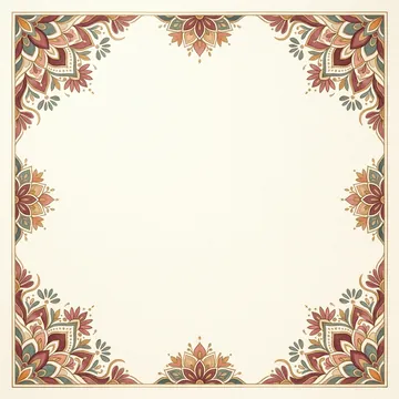 Ivory Diwali background surrounded by a maroon, teal and gold rangoli-inspired floral frame
