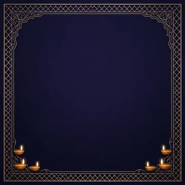 Deep indigo Diwali background with an antique-gold architectural border and glowing diyas in the lower corners
